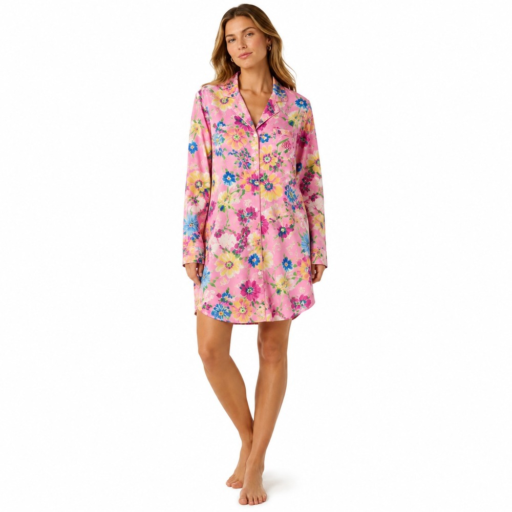 Lauren Ralph Lauren Nightgown Womens XL Pink Floral Cotton Button Up Sleep Shirt